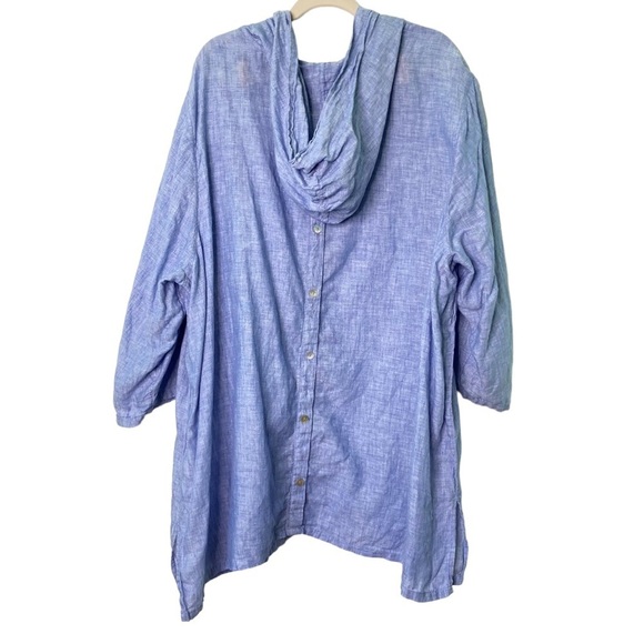 Tahari 100% Linen V-Neck Hooded 3/4 Sleeve Button Back Tunic Top Blue (Size 3X) - Picture 4 of 13